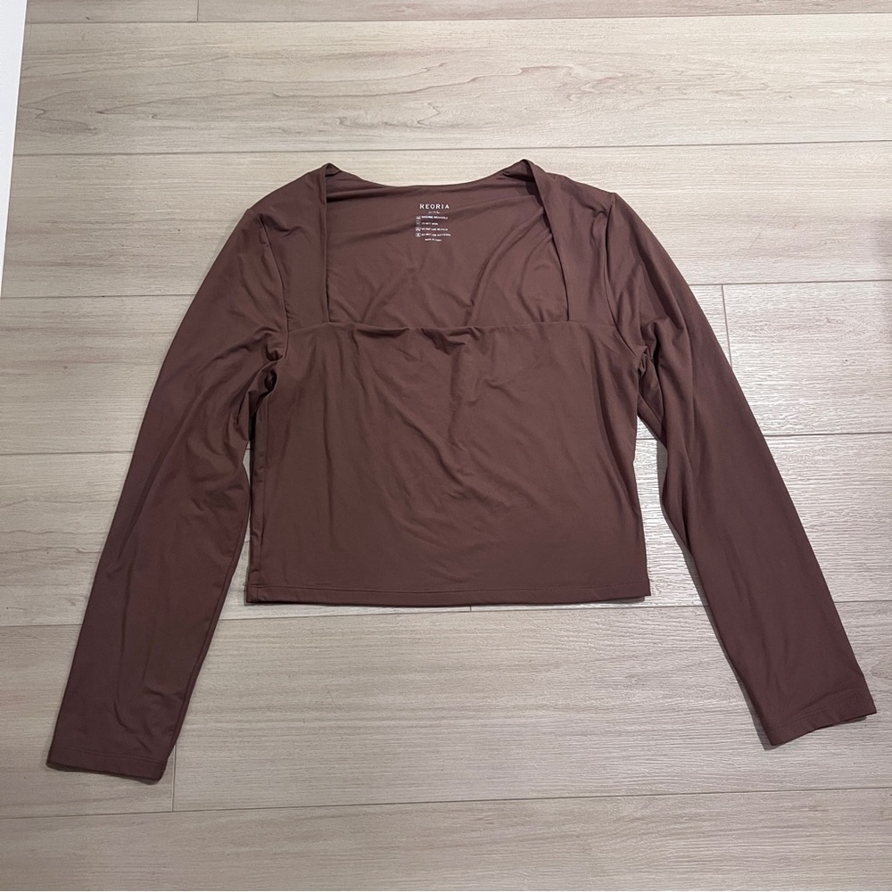 Reoria Crop Top Womens Size XXL Cropped Brown Long Sleeve Ultra Stretch Square